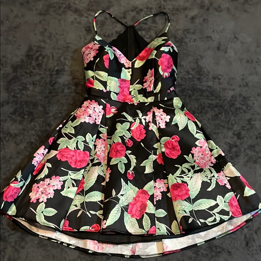 B Smart Prom or Homecoming Floral Black Dress with Pink and Green Accents